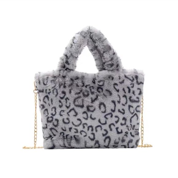 FLUFFY GREY LEOPARD PRINT BAG - Picture 1 of 1